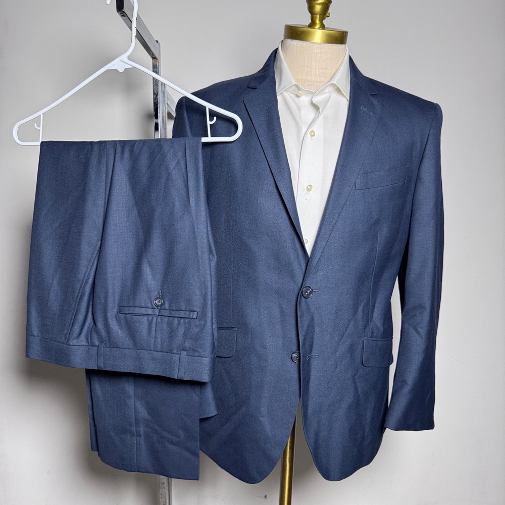 Kenneth Cole Suit Mens 41S 34W Blue Solid Modern Two Button Notch Lapel